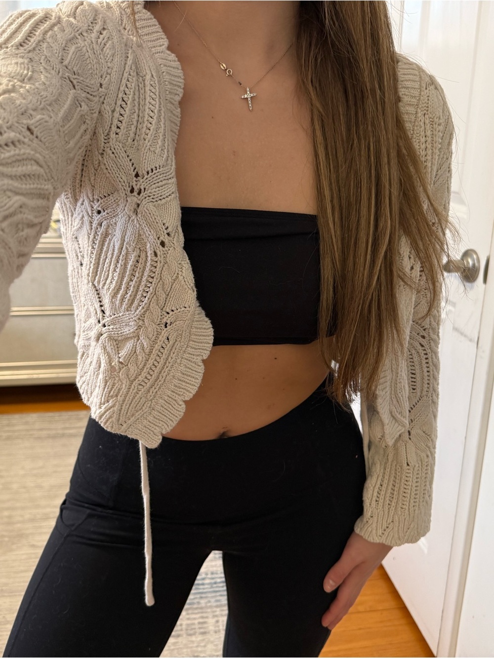 moon & madison Cream Crochet Knit Tie-Front Cardigan